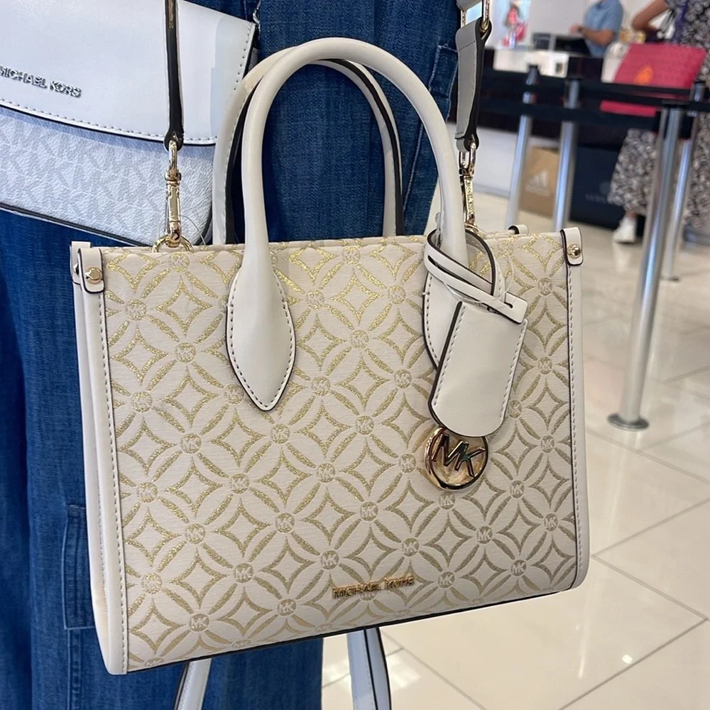 Michael Kors Mirella Small Metallic Logo Jacquard Crossbody Bag
Light Cream 
NWT - Picture 7 of 16